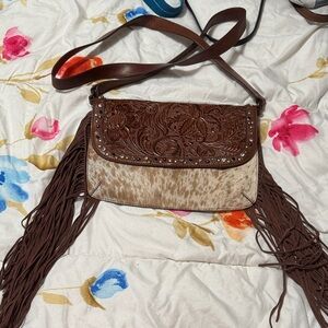 Shyanne cow hide and  Leather Crossbody Bag with Fringe